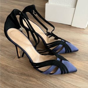 Jcrew black suede and blue satin stilettos